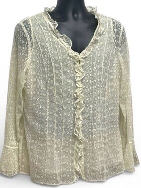 Avenue Plus Size 14/16 Ivory Embroidered Mesh Ruffle Bell Sleeve Blouse